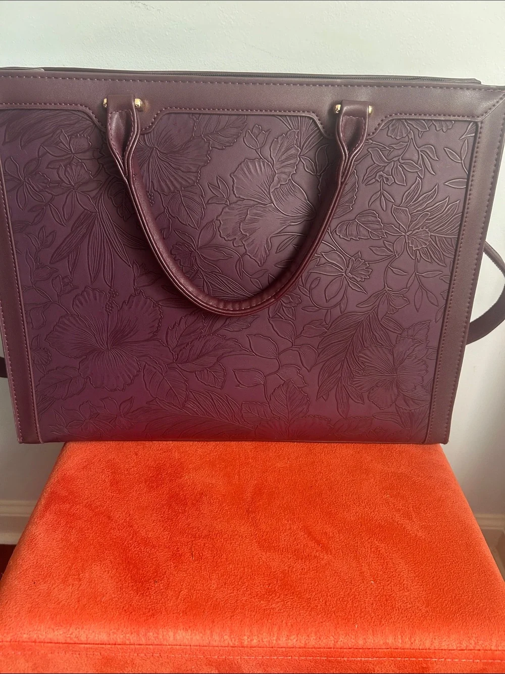 Women's Embossed Floral Tote laptop Bag - Burgundy